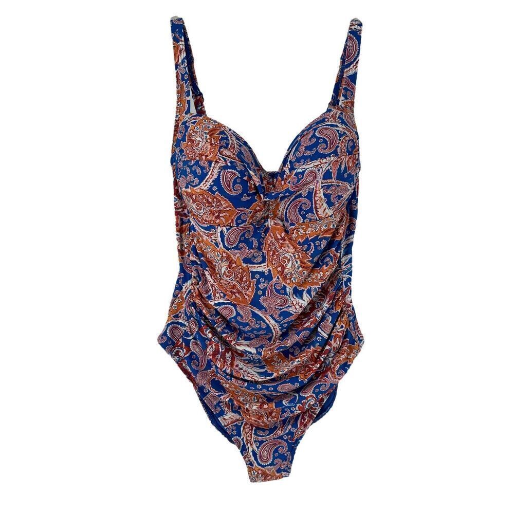 Nip Tuck Swimsuit One Piece Size 8 Tummy Control Ruched Slimming Blue Paisley